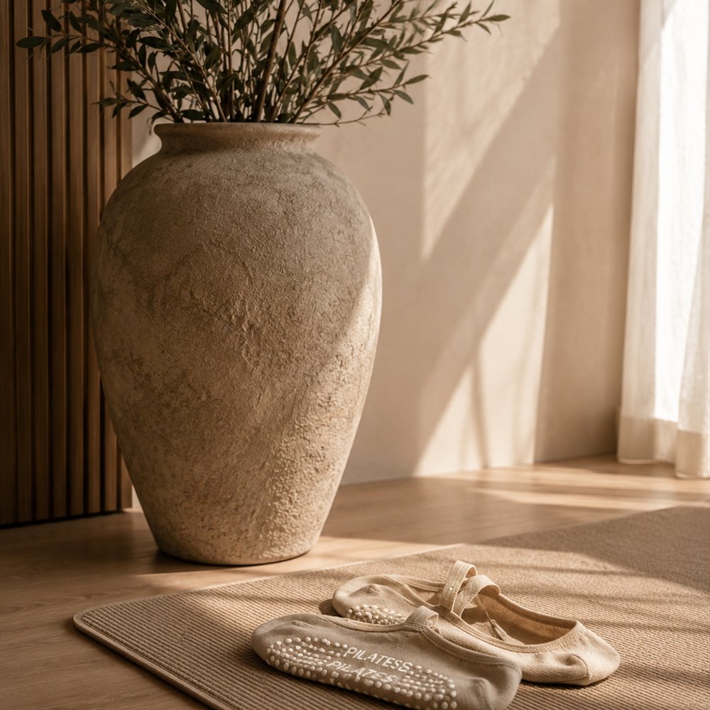 Vase mit Olivenzweigen und Pilates-Socken auf der Matte