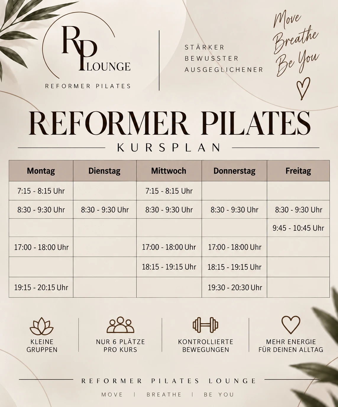 Wochen-Kursplan der Reformer Pilates Lounge mit Kurszeiten von Montag bis Freitag