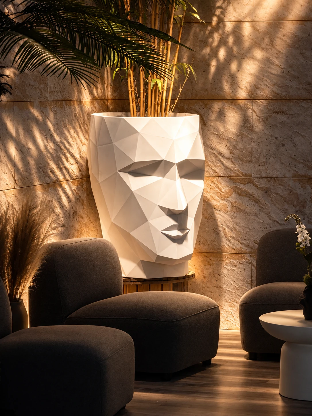 Design-Pflanzskulptur in Form eines Gesichts im Loungebereich