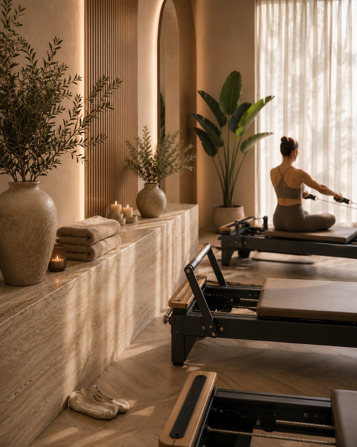 Teilnehmerin beim Reformer-Training am Fenster der Reformer Pilates Lounge Alzey